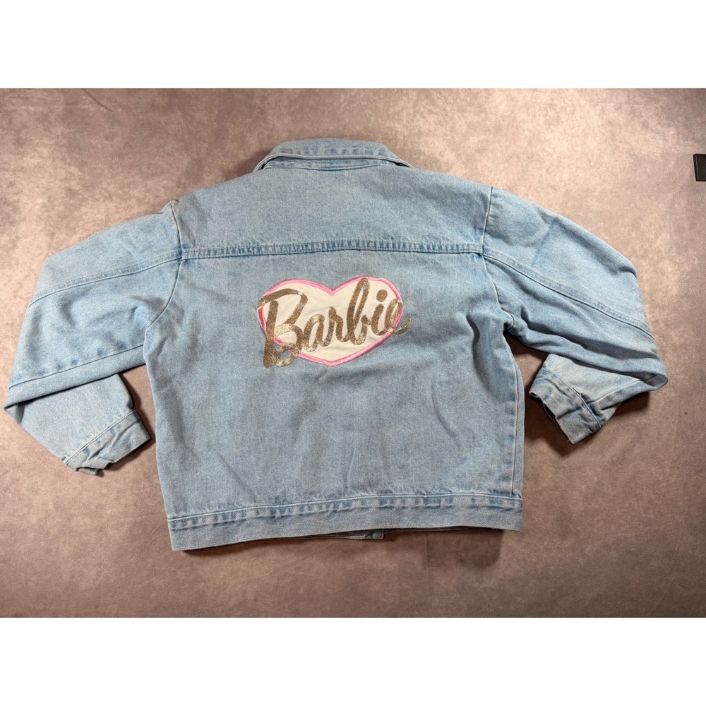 Vintage Barbie Jean Jacket Kids Large Light Wash Denim Embroidered Heart Logo